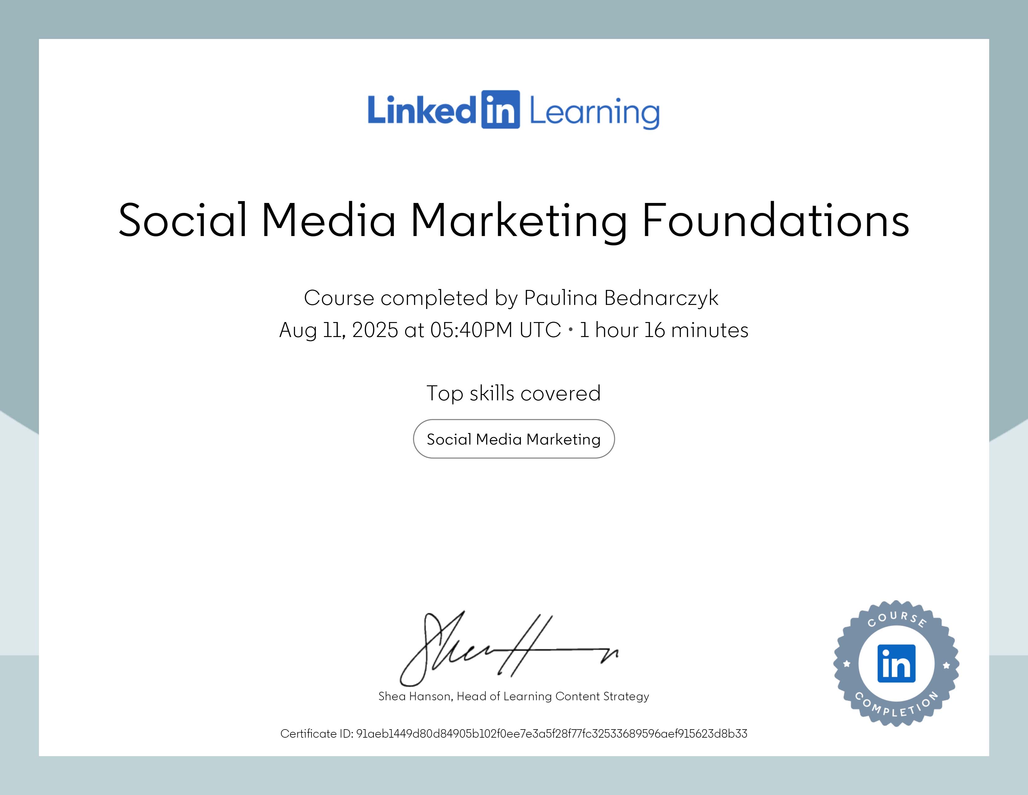 LinkedIn Social Media Merketing Certificate