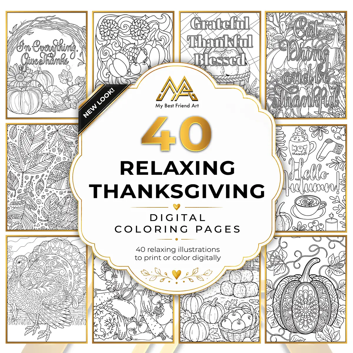 40 Relaxing Thanksgiving Printable Coloring Pages, Pumpkin, Turkey & Mindset Designs | Digital Download for Relaxation