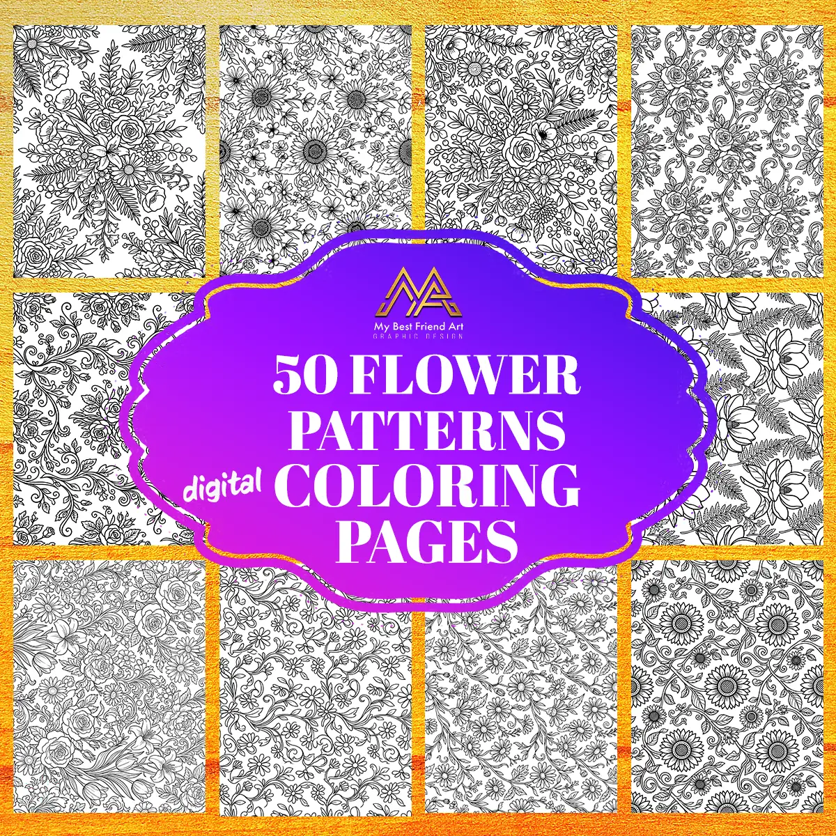 50 Flower Patterns Coloring Pages, printable mindset coloring, relaxation, nature | Digital Download for Relaxation