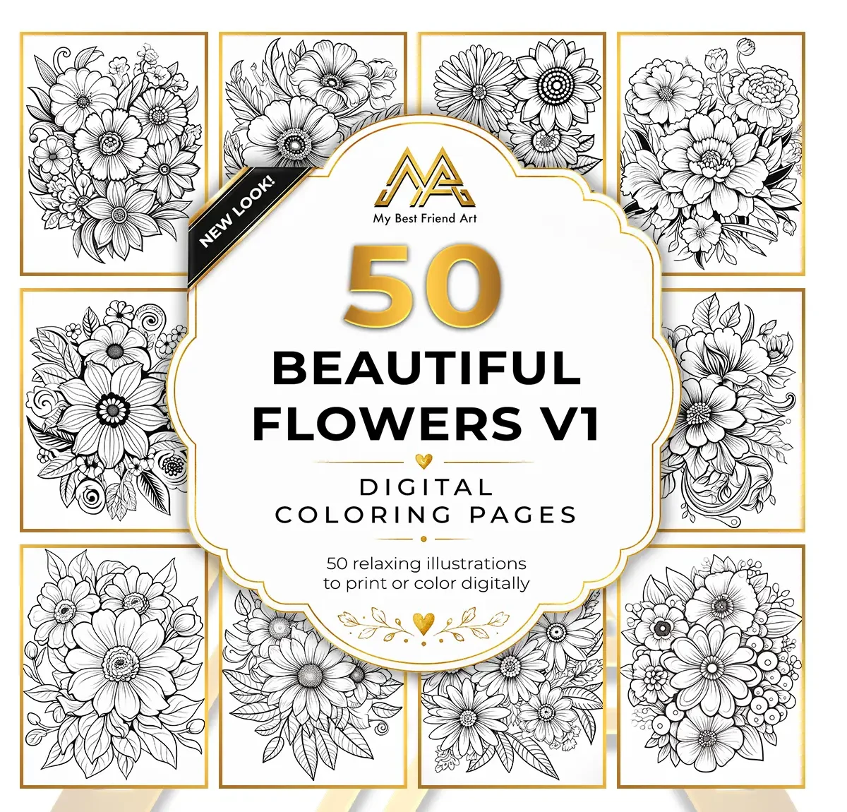 50 Beautiful Flower Bouquets vol 1, printable mindset coloring, relaxation, nature | Digital Download for Relaxation